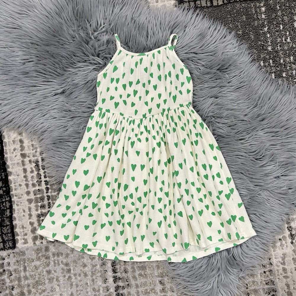 Noé And Zoë Girls Green Hearts Organic Cotton Cream Knit Sun Dress Size 2Y
